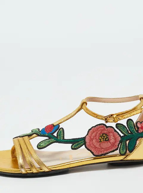 Gucci Gold Leather Ophelia Floral Embroidered Flat Sandals Size 34.5
