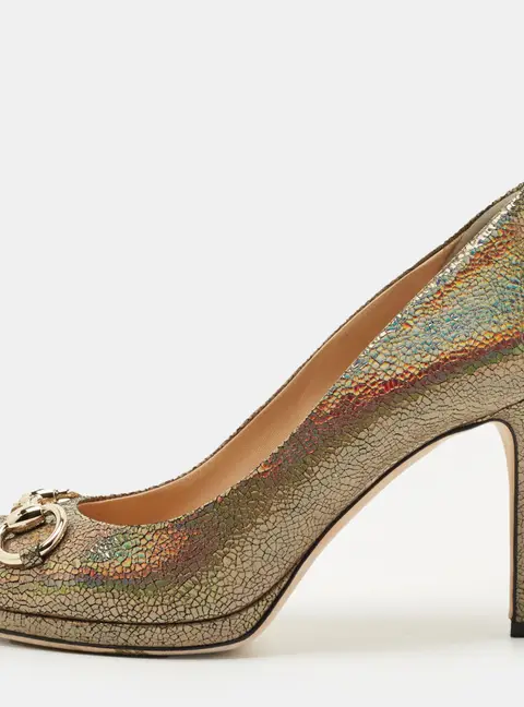 Gucci Multicolor Iridescent Leather Horsebit Peep Toe Pumps Size 39.5