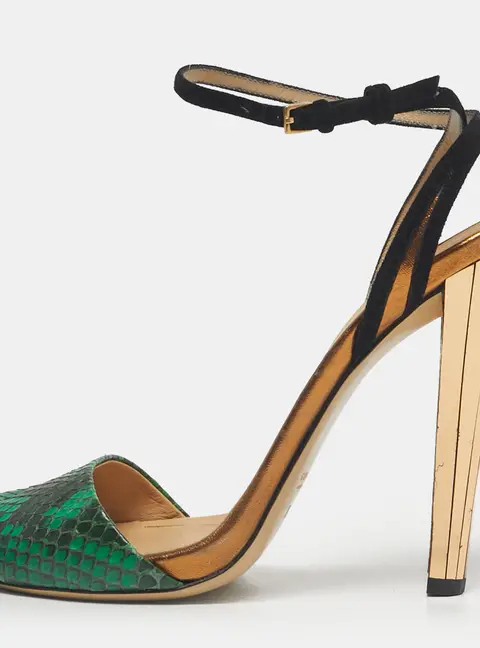 Gucci Green Python Leather and Suede Peep Toe Ankle Wrap Pumps Size 38