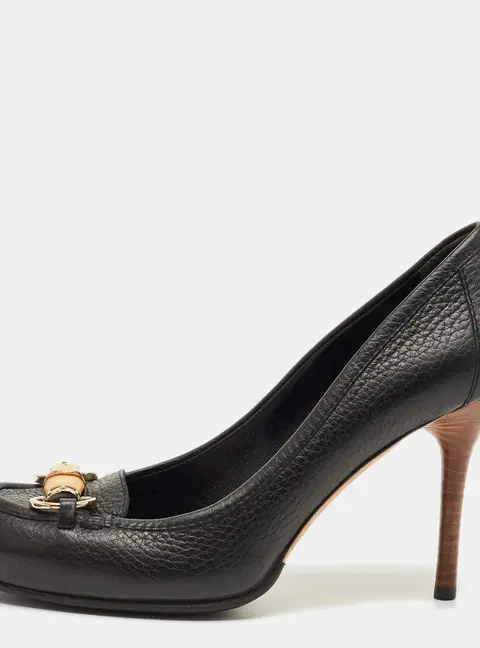 Gucci Black Leather Bamboo Horsebit Loafer Pumps Size 37