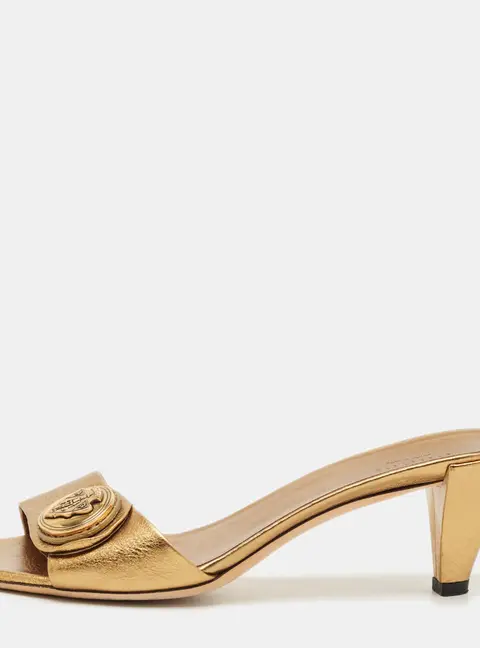 Gucci Gold Leather Logo Embellish Slide Sandals Size 36