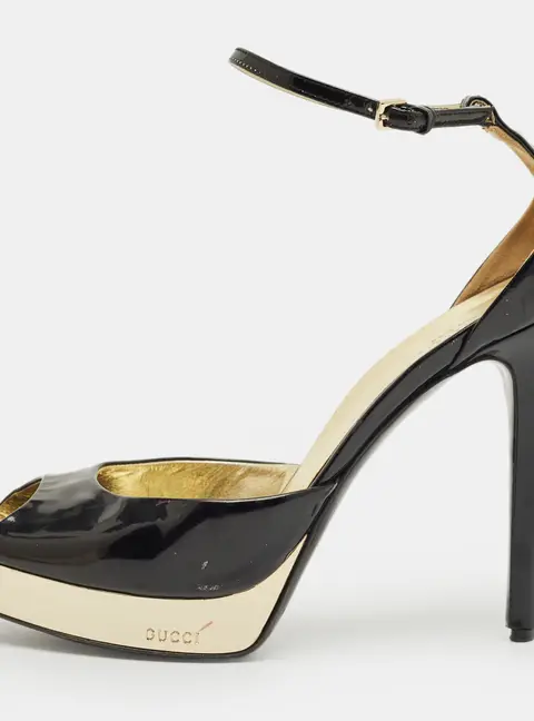 Gucci Black Patent Leather Peep Toe Ankle Strap Sandals Size 38