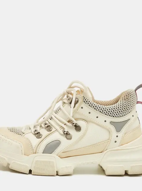 Gucci White/Grey Leather and Mesh Flashtrek Lace Up Sneakers Size 37