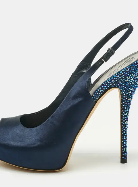 Gucci Navy Blue Satin Peep Toe Slingback Pumps Size 40