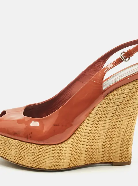 Gucci Coral Red Patent Leather Espadrille Wedge Slingback Pumps Size 41