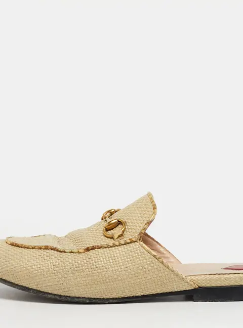 Gucci Beige Raffia and Snakeskin Leather Princetown Flat Mules Size 36