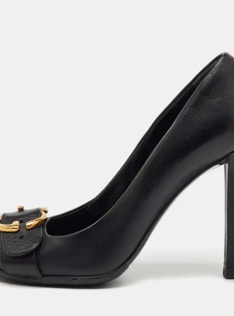 Gucci Black Leather GG Buckle Detail Round Toe Pumps Size 36.5