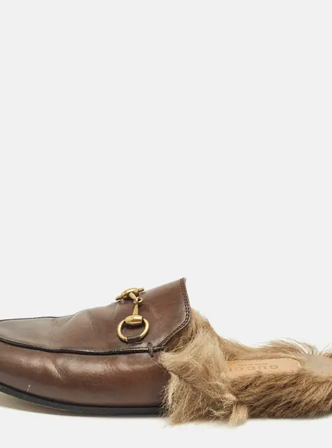 Gucci Brown Leather and Fur Princetown Horsebit Flat Mules Size 36