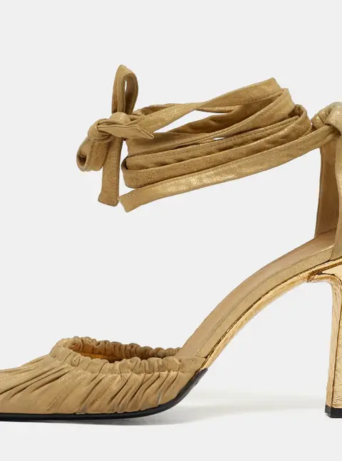 Gucci Size 37.5 Gold Python Embossed Leather and Suede Ankle Wrap Pumps