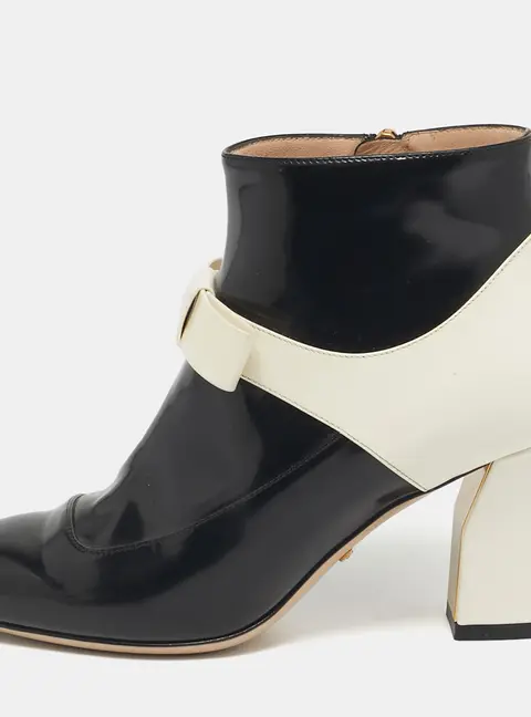 Gucci Size 36 Black/White Patent Leather Bow Ankle Length Boots