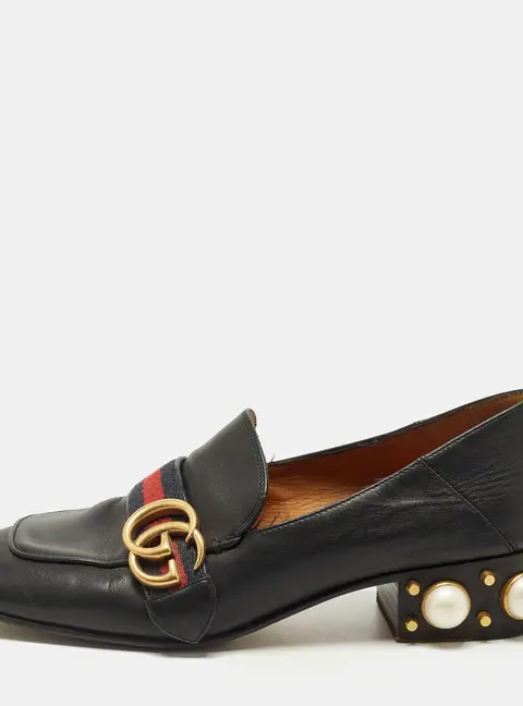 Gucci Double G Size 37 Black Leather Web Loafers