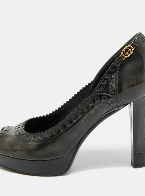 Gucci Size 37.5 Black/Grey Leather Platform Peep Toe Pumps