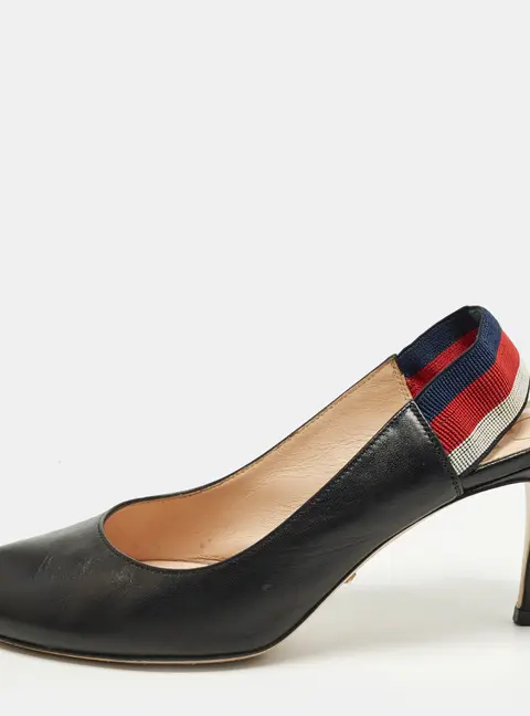 Gucci Sylvie Size 36.5 Black Leather Web Slingback Pumps