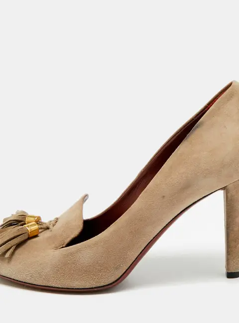 Gucci Mischa Size 38 Beige Suede Tassel Loafer Pumps