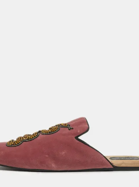 Gucci Lawrence Size 40.5 Pink Velvet Crystal Embellished Flat Mules