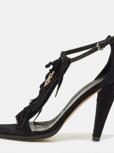 Gucci Size 40.5 Black Suede Fringe Bow Sandals