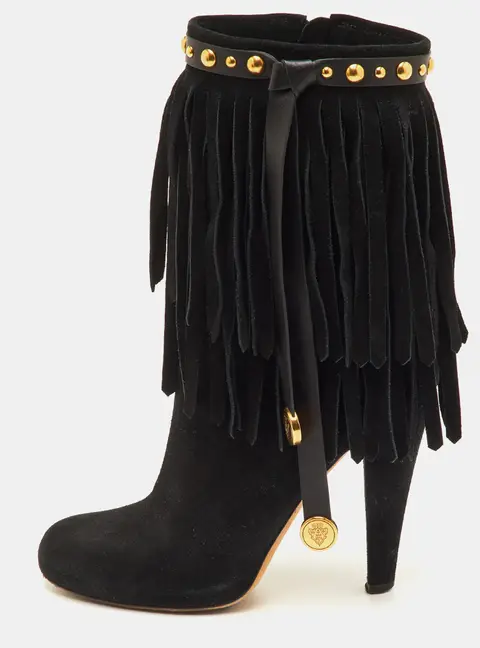 Gucci Size 37 Black Suede Studded Fringe Mid Calf Boots