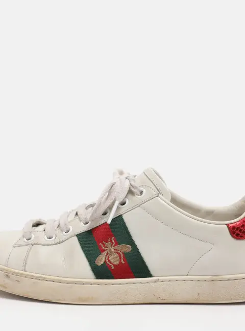 Gucci Ace Size 37 White Leather and Python Embossed Leather Low Top Sneakers