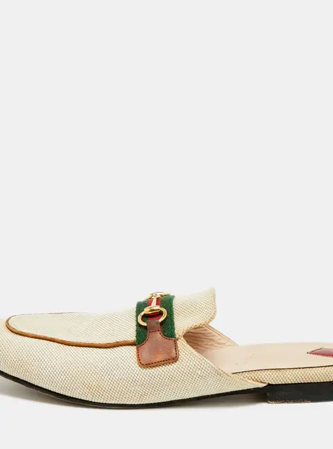 Gucci Princetown Size 41 Cream Canvas Web Horsebit Flat Mules