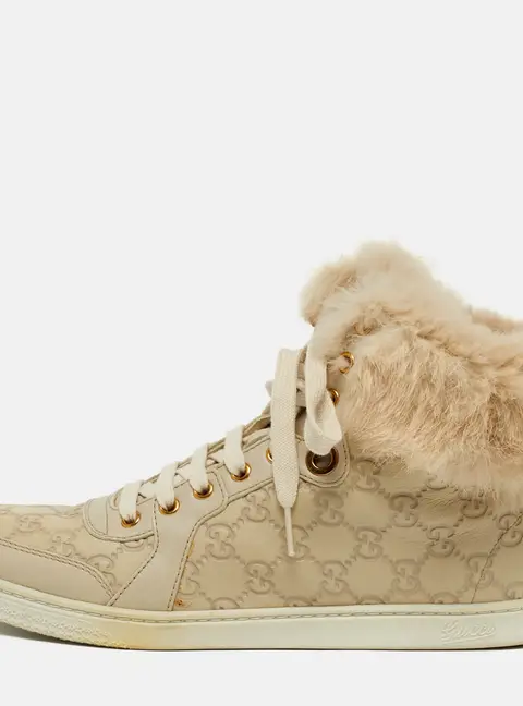 Gucci Guccissima Size 41 Cream Fur and Leather High Top Sneakers