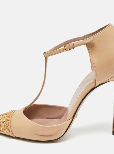 Gucci Size 39 Metallic Leather Studded T Strap Pumps