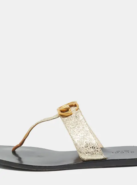 Gucci GG Marmont Size 37 Gold Leather Flat Sandals