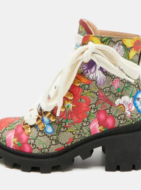 Gucci Size GG 35.5 Multicolor Floral Print Canvas Ankle Length Boots