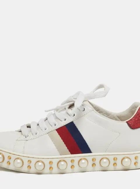 Gucci New Ace Size 35 White Leather and Python Embossed Faux Pearl Embellished Web Low Top Sneakers