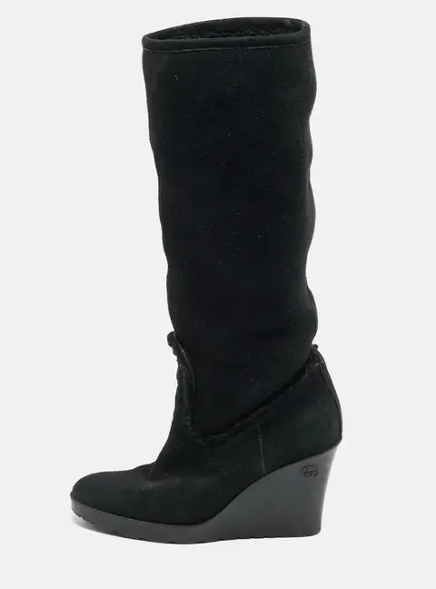 Gucci Courteney Size 36 Black Suede Wedge Knee Length Boots