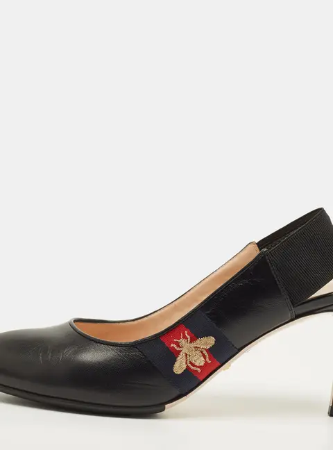 Gucci Slyvie Size 38.5 Black Leather Web Slingback Pumps