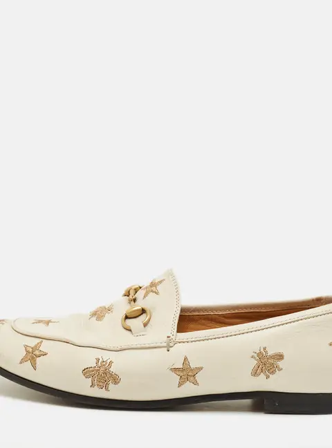 Gucci Jordaan Size 37.5 Cream Bee & Star Embroidered Leather Loafers