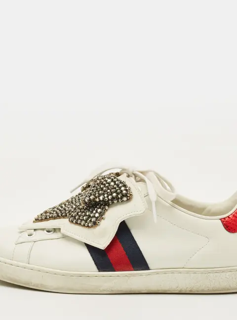 Gucci  Ace Size 39 White Leather Embellished Bow Patch Lace Up Sneakers