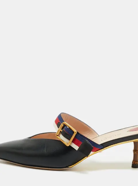 Gucci Size 36.5 Black Leather Web Pointed Toe Bamboo Heel Mules