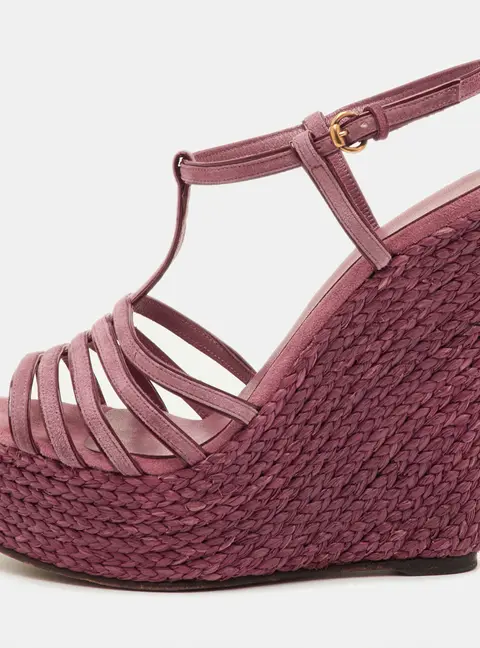 Gucci Size 38.5 Pink Suede Strappy Platform Wedge Espadrille Ankle Strap Sandals
