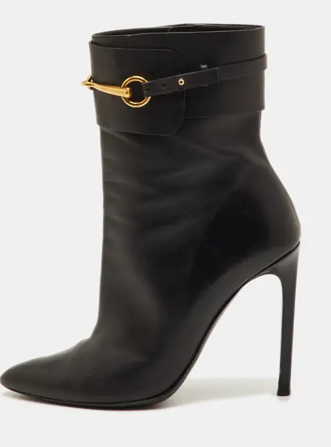 Gucci Horsebit Accent Size 39 Black Leather Pointed Toe Mid Calf Boots