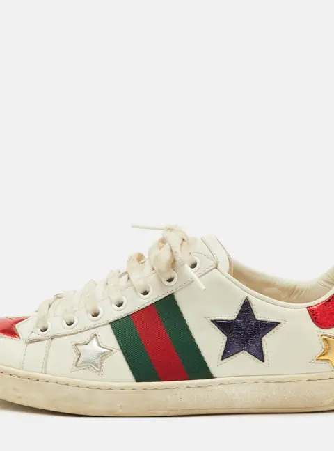 Gucci Ace Web Size 35 White Leather Star Low Top Sneakers