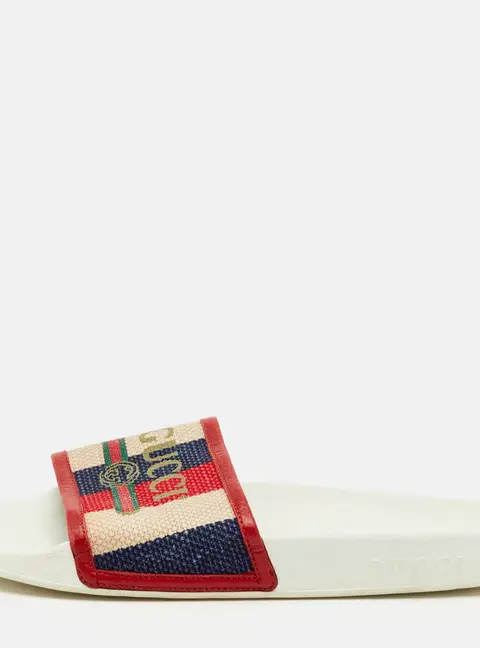 Gucci Size 39 Red Canvas and Leather Logo Pool Slide Sandals