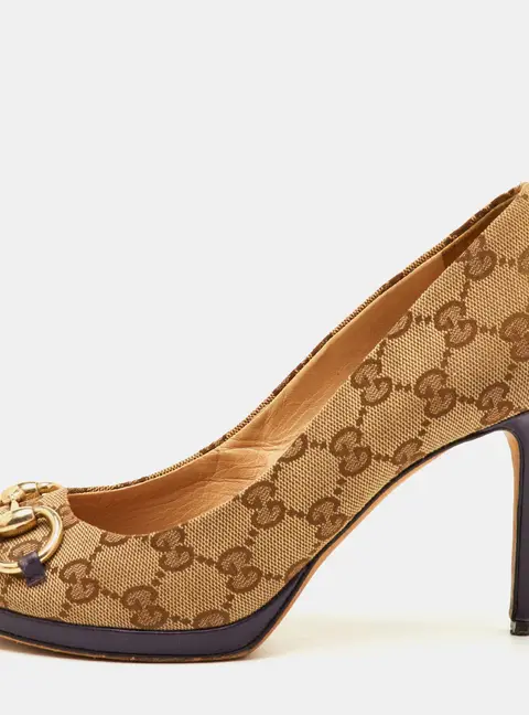 Gucci Hollywood Size 38 Beige/Brown GG Canvas Peep Toe Pumps