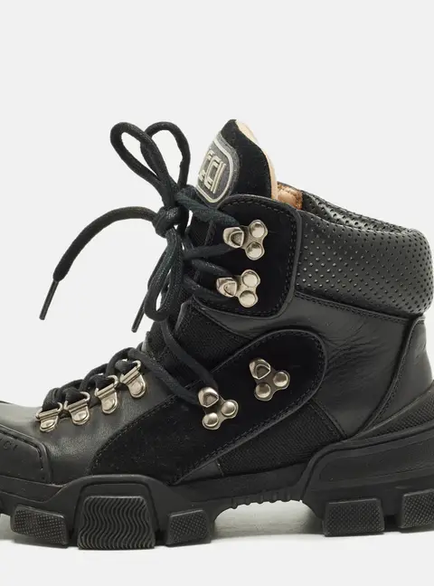 Gucci Flashtrek Size 35 Black Leather Suede Ankle Length Boots