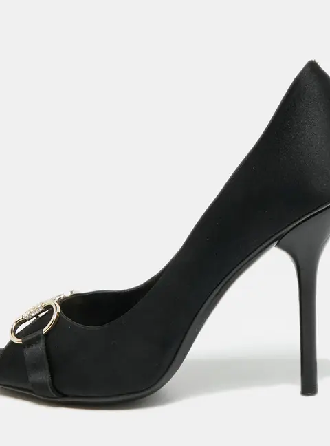Gucci Hollywood Size 39.5 Black Satin Horsebit Peep Toe Pumps