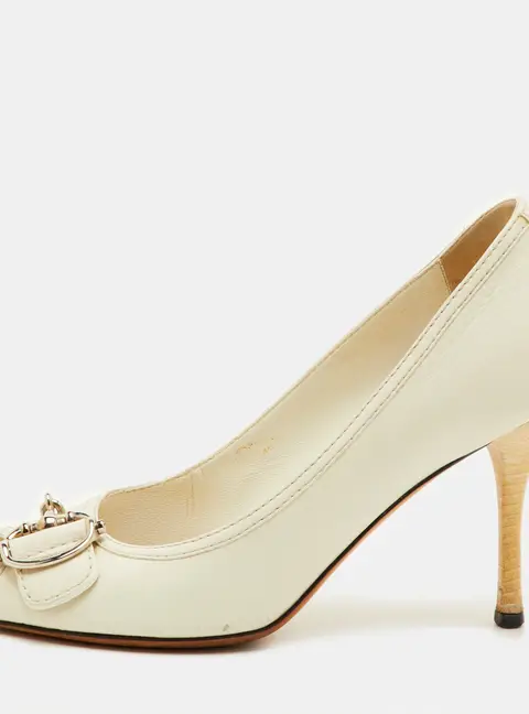 Gucci Horsebit Size 39 White Leather Peep Toe Pumps