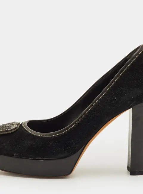 Gucci Hysteria Logo Size 37.5 Black Suede Platform Pumps