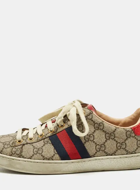 Gucci Ace Web Size 38.5 Beige/Brown GG Coated Canvas and Python Embossed Lace Up Sneakers