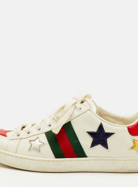 Gucci Ace Web Size 35.5 White Leather Metallic Stars Low Top Sneakers