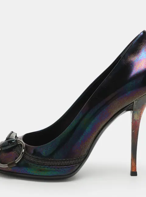 Gucci Horsebit Size 41 Multicolor Iridescent Patent Leather Peep Toe Pumps