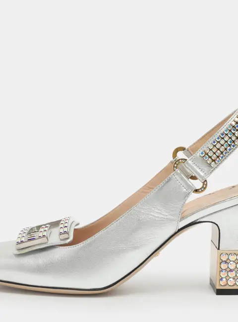 Gucci Square G Size 40 Silver Leather Crystal Embellished Block Heel Sandals