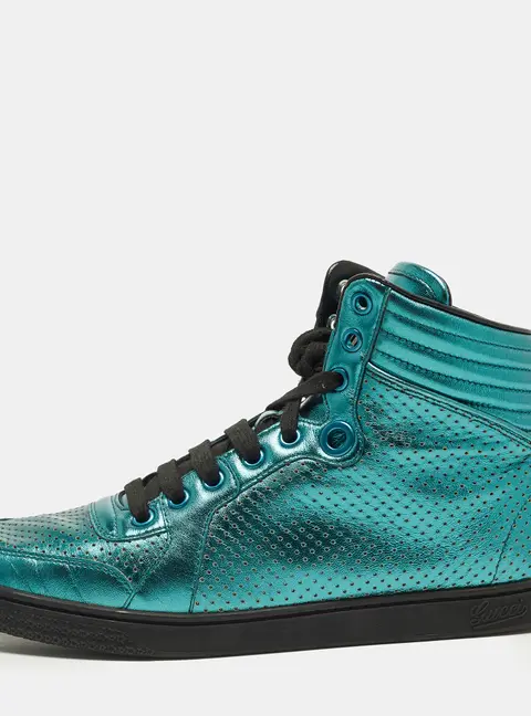 Gucci Coda Size 38.5 Metallic Blue Perforated Leather High Top Sneakers