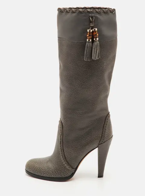 Gucci Bamboo Tassel Size 38 Grey Leather Knee Length Boots