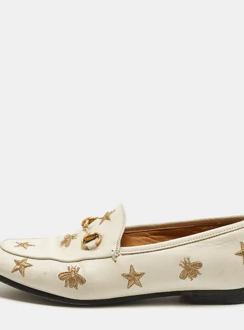 Gucci Jordaan Size 38 Cream Bee & Star Embroidered Leather Loafers
