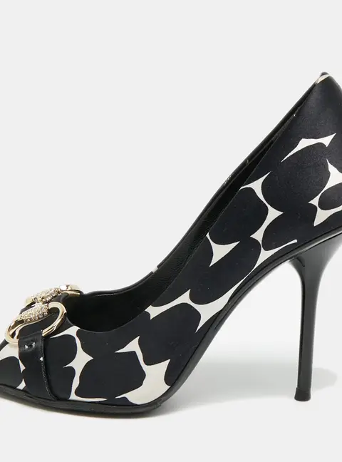 Gucci Hollywood Size 36.5 Black/White Satin Horsebit Peep Toe Pumps